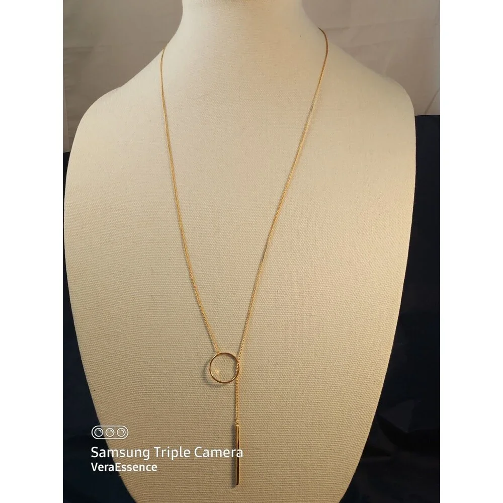 Sterling Forever Gold Plated Brass Circle & Bar Lariat long Necklace